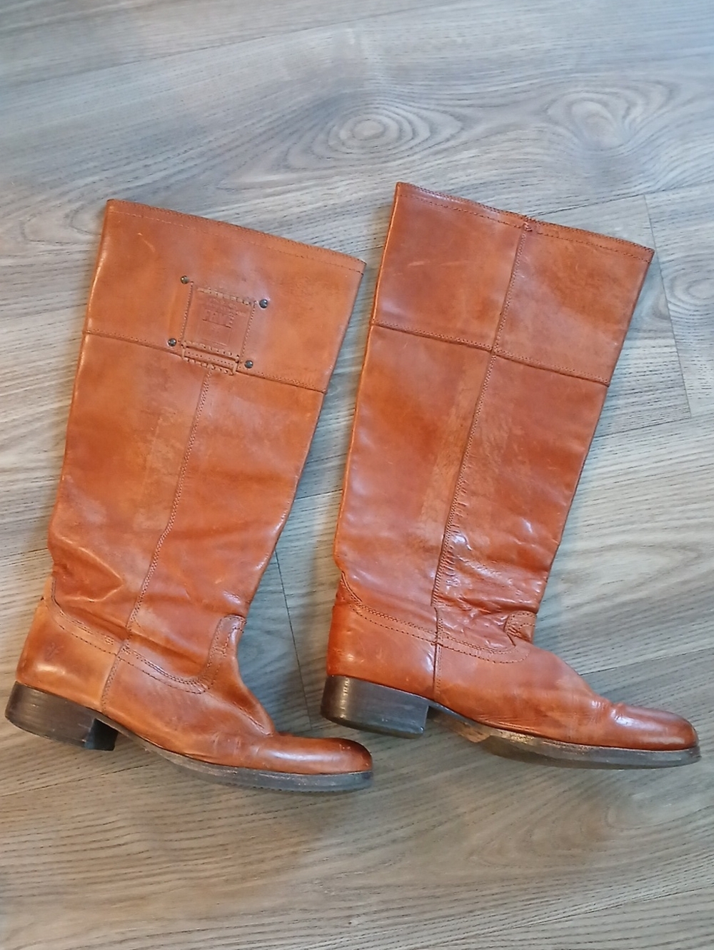 Frye Amelia Logo Tall Boots Women's 9B Cognac Leather Pull On Riding Heritage